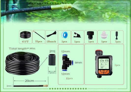 New drip Irrigation kit, Automatic Garden Watering System, Quick Connector and 360-degree Bending Dropper atomizing Copper Nozzle, Garden Plant Lawn Courtyard Watering System. (Timer)