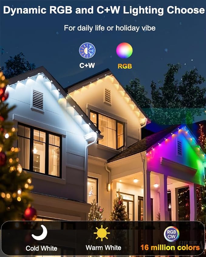 RGBCW Permanent Outdoor Lights,108 Scene Modes Smart Outdoor Christmas Lights with Voice Remote APP Control, IP68 LED Eaves Lighting for Halloween Party, Daily Garden Decor (120LED 200FT)