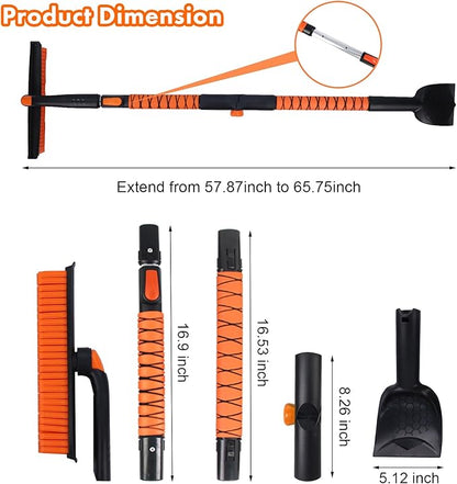 Eazy2hD 3 in 1 Bendable Silicone Snow Brush with Ice Scrapers, 65.75" Extendable Window Ice Removal with Squeegee for Windshield, 360° Pivoting Brush Head Cleaner Tool for Car, Truck, SUV