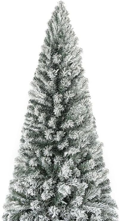 Naomi Home 9ft Slim Snow Flocked Christmas Tree with Lights, Realistic Frosted Skinny Pencil Christmas Tree Prelit with 1455 Branch Tips, 500 Warm Lights and Metal Stand, Aritificial Xmas Tree