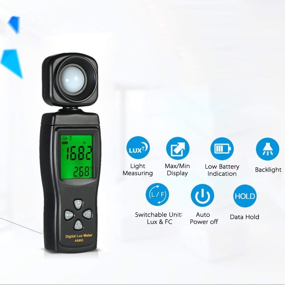 Digital Lux Meter, Illuminometer, Photometer, 0～200,000 Lux Measure Range, Lux/FC Unit Selection for Homes, Agriculture, Warehouses, Farms, Stage, Stadiums