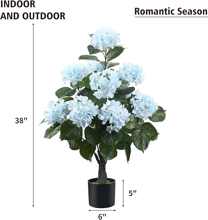 Romantic Season 38" Artificial Hydrangea Tree in Pot, Faux Potted Silk Hydrangea Plant for Indoor Outdoor Decoration, Lifelike Artificial Flower Tree for Home, Office, Patio, Garden Decor, Blue