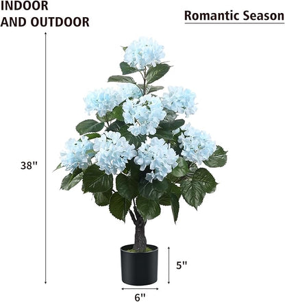 Romantic Season 38" Artificial Hydrangea Tree in Pot, Faux Potted Silk Hydrangea Plant for Indoor Outdoor Decoration, Lifelike Artificial Flower Tree for Home, Office, Patio, Garden Decor, Blue