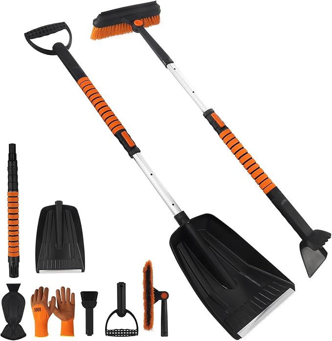 4 in 1 Snow Brush for Car, 33"-42" Ice Scrapers with Foam Grip Car Warm Gloves Snow Shovel and Working Gloves, Winter Windshield Extendable Car Cleaner Tool Accessories