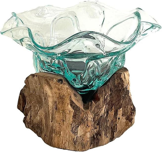 OMA Blown Glass Vase with Teak Base Hand Crafted Glass Planter Terrarium Tabletop Centerpiece for Home Decor and Unique Gift