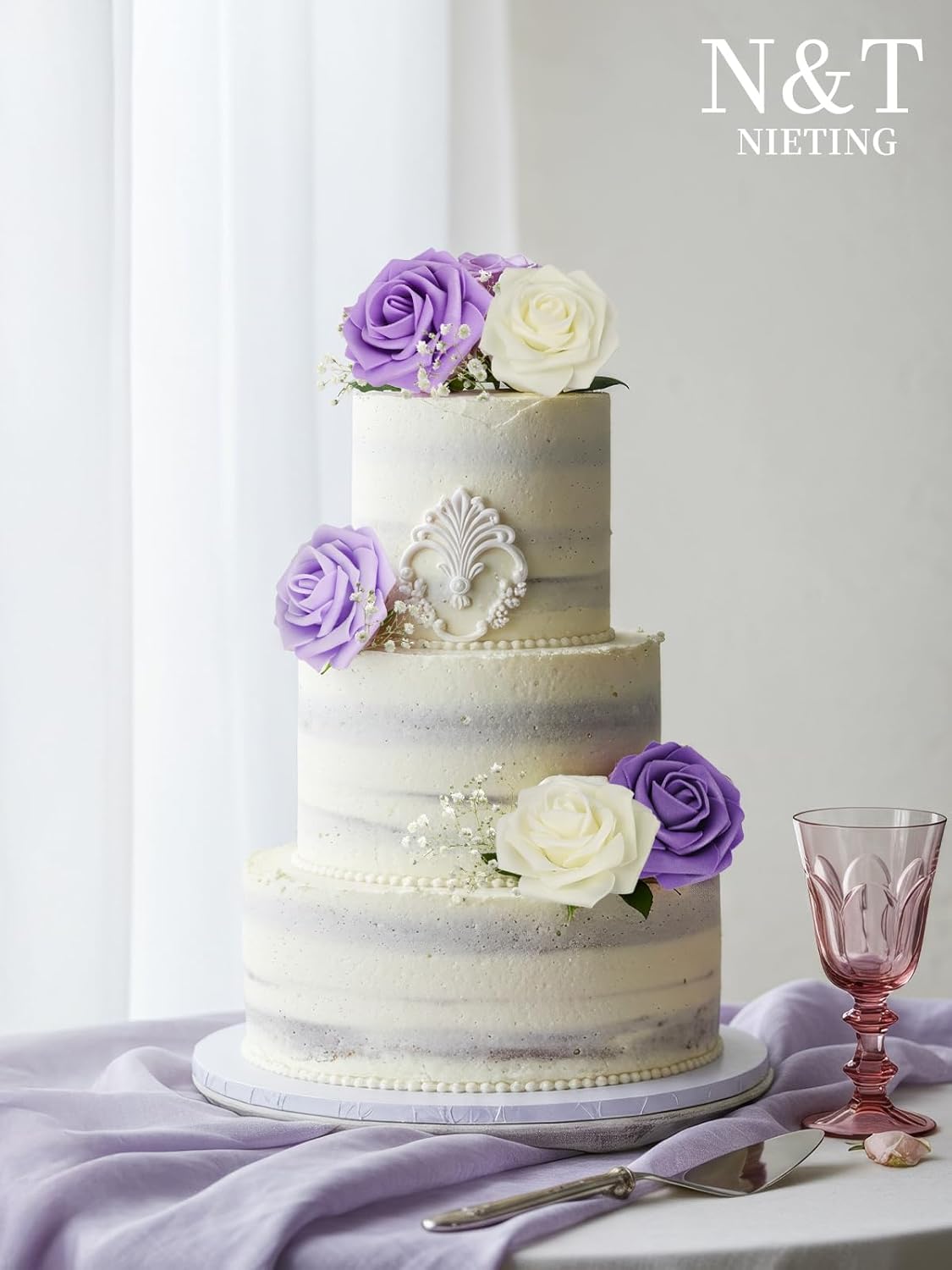 N&T NIETING Artificial Flowers, 25pcs Fake Flowers Rose with Stems Perfect for DIY Wedding Bridesmaid Bridal Bouquets Centerpieces Home Flower Arrangement Decoration, Series Purple