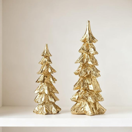 2Pcs Gold Christmas Tree Figurines, Resin Christmas Trees with Weathered Finish, Small Decorative Tabletop Trees for Mantel, Modern Holiday Home Decor for Living Room, Office, Festive Centerpiece