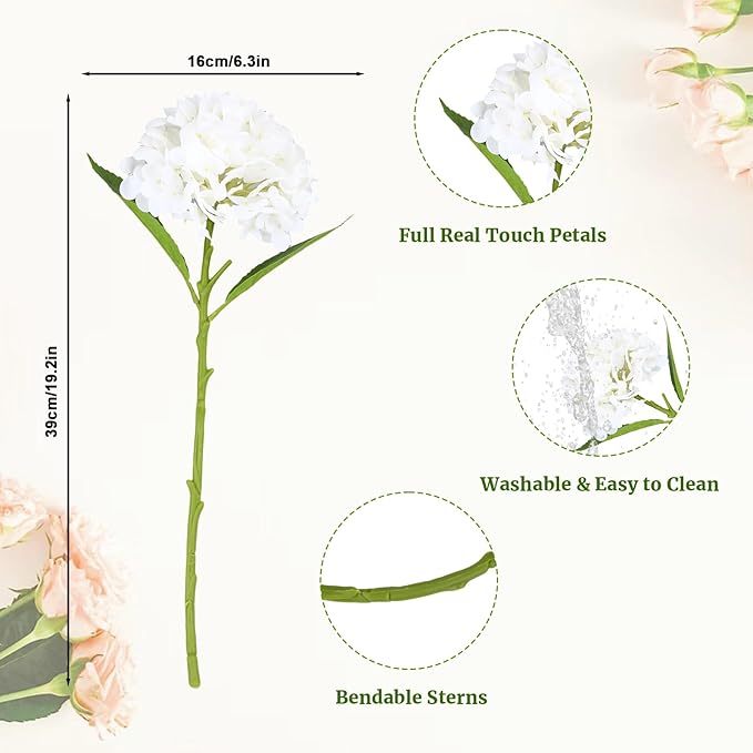 3 Pcs White Hydrangea Artificial Flowers, 19 inch faux hydrangea Flowers Real Touch Flowers, Long Stem Artificial Flower for Tall Vase Home Wedding Bouquets Centerpieces Party Living Room Decoration
