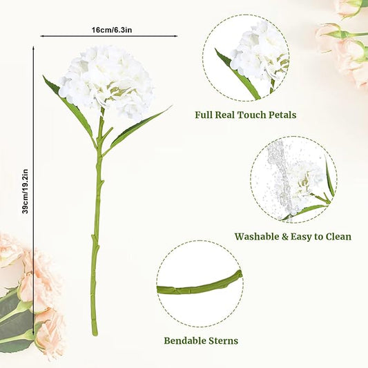 3 Pcs White Hydrangea Artificial Flowers, 19 inch faux hydrangea Flowers Real Touch Flowers, Long Stem Artificial Flower for Tall Vase Home Wedding Bouquets Centerpieces Party Living Room Decoration