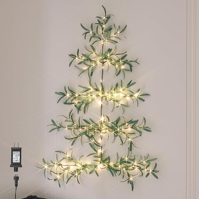 Hairui Lighted Wall Hanging Olive Tree with Timer 3.5FT 140 Warm White LED Fairy Lights, Vine Garland with Lights for Home Room Fireplace Wall Window Christmas Decoration Inside Outside