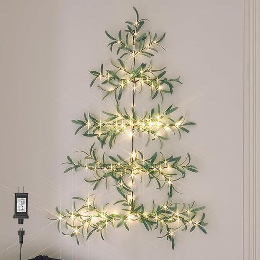 Hairui Lighted Wall Hanging Olive Tree with Timer 3.5FT 140 Warm White LED Fairy Lights, Vine Garland with Lights for Home Room Fireplace Wall Window Christmas Decoration Inside Outside