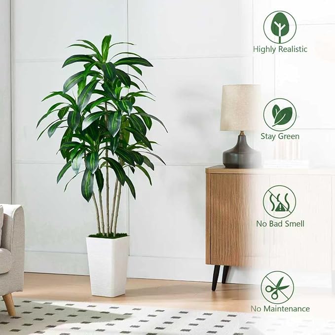 Artificial Dracaena Tree-5FT Tall Fake Plants with White Tall Planter-Artificial Plants Indoor Floor Plant in Pot-Large Tropical Fake Yucca Potted Tree for Home Office Living Room Decor