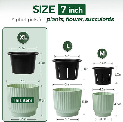 T4U 7 Inch Self Watering Pots for Indoor Plants, 4 Pack Plant Pots, Self Watering Planter for Indoor Plants, Durable Plastic Pots (4 Pack, 7", Green)