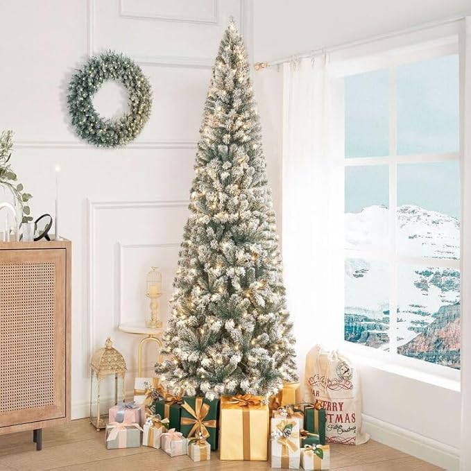 Naomi Home 9ft Slim Snow Flocked Christmas Tree with Lights, Realistic Frosted Skinny Pencil Christmas Tree Prelit with 1455 Branch Tips, 500 Warm Lights and Metal Stand, Aritificial Xmas Tree