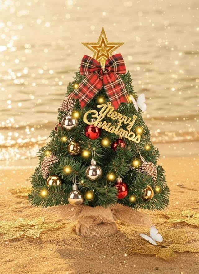 Prelit Mini Christmas Tree Tabletop with LED Lights, 2ft Artificial Xmas Tree with Treetop Star and Hanging Ornaments Small Christmas Trees Decoration for Home Cafe Office Desk, Green