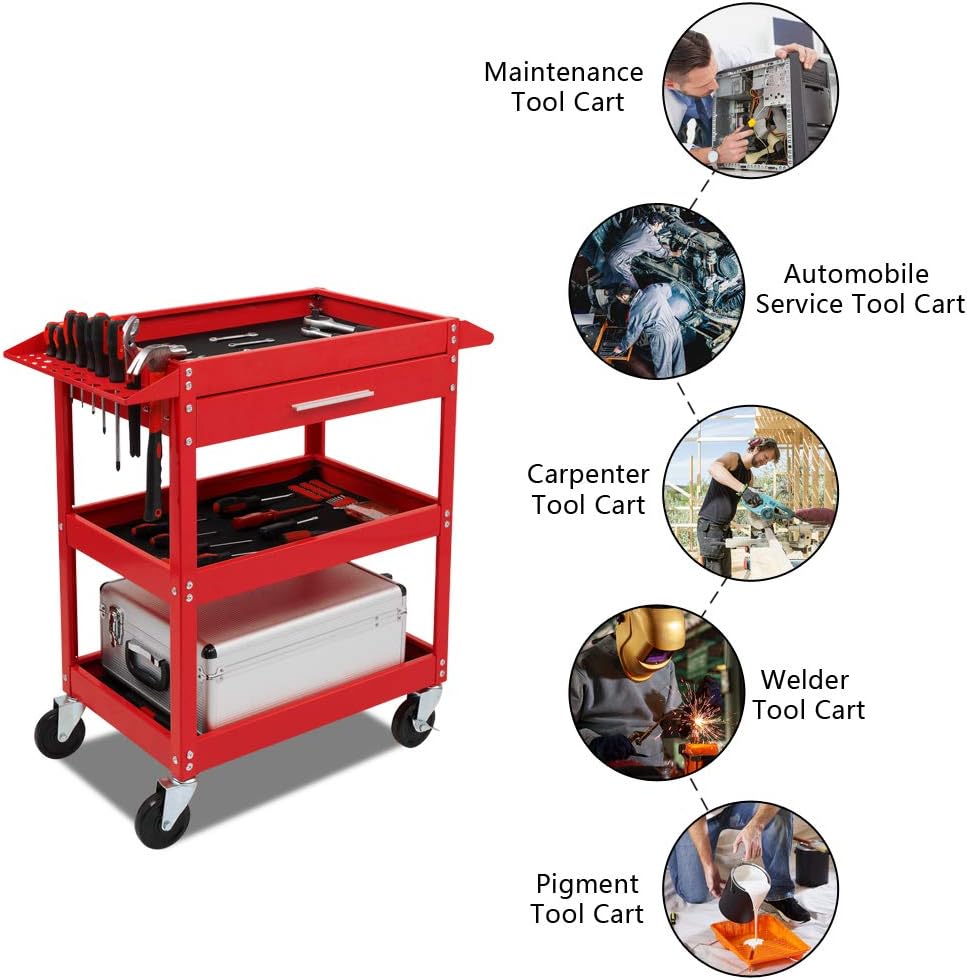TUFFIOM 3 Tier Rolling Tool Cart with Drawer, Tool Service Cart on Wheels w/2 Brake, 330 LBS Capacity Industrial Heavy Duty Utility Cart, Tool Organizer for Mechanic, Garage, Warehouse & Repair Shop