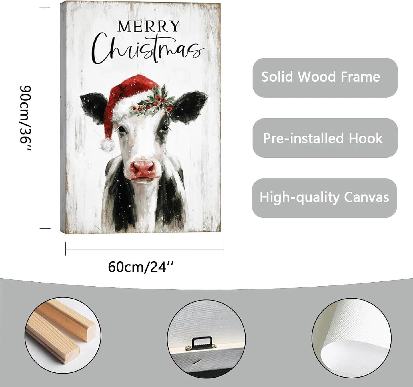 Christmas Cow Canvas Wall Art – Framed Farmhouse Decor for Xmas, Ready to Hang Print Holiday Gifts for Bedroom & Living Room Indoor 24x35 Inch