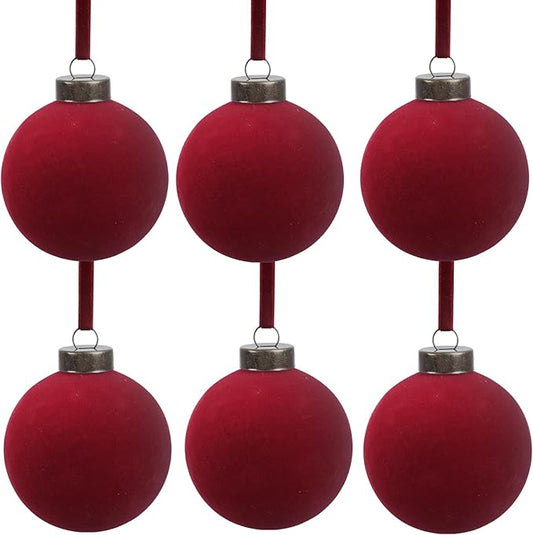 6 Pcs Velvet Christmas Balls Bulk Shatterproof Plastic Christmas Tree Decorations for Decorative Hanging Baubles (6, Wine red, 3.94Inch)