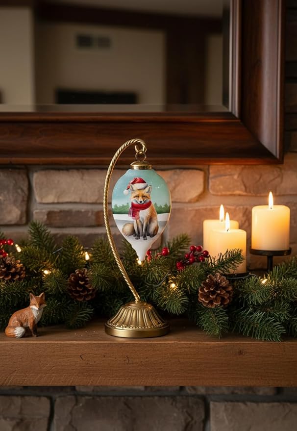 Glass Fox Ornament – Woodland Christmas Decoration with Santa Hat, Cardinals & Gifts – “Warm Winter Wishes” Collectible – Fox Gift for Nature Lovers – 4.5” Teardrop Ornament with Gift Box