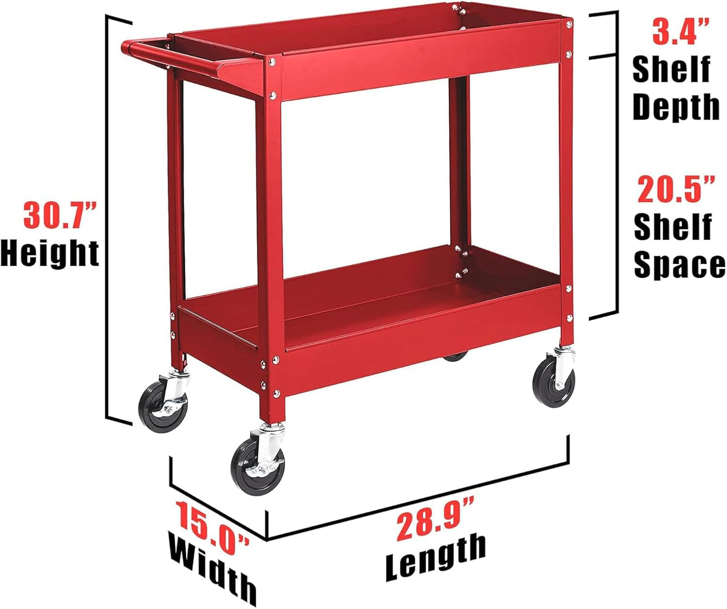 Torin Service Utility Cart Heavy Duty 2 Shelf Tier 300 LBs Rolling Trolley Storage Organizer for Garage Warehouse Workshop, APTC304B , Red