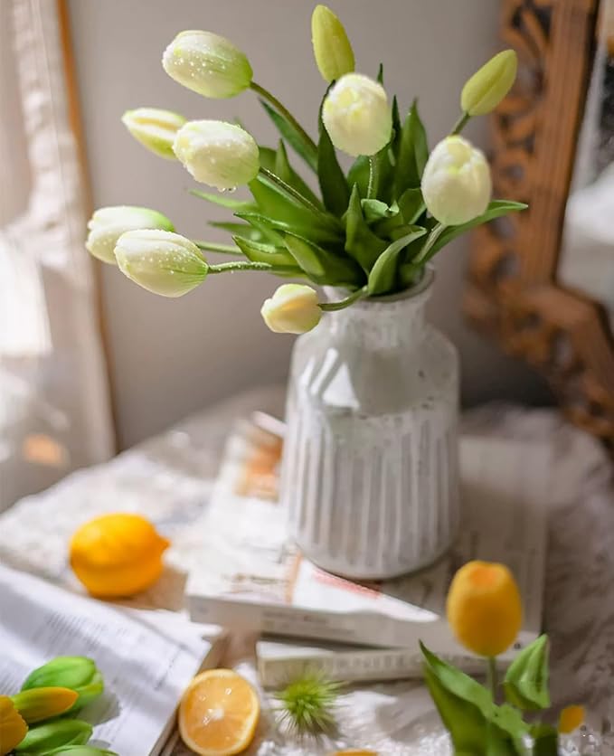 15 Pcs White Tulips Artificial Flowers Faux Tulips Real Touch Latex Fake Flower Bouquet for Spring Wedding Home Décor Centerpiece Arrangements