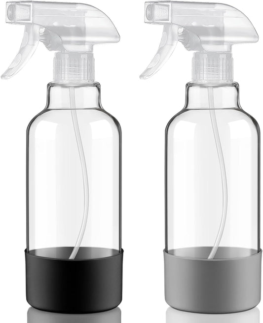 Glass Spray Bottles with Silicone Sleeve 16.9oz 2 Pack Empty Spray Bottle for Hair Mist/Stream Spraying for Cleaning Solutions, Plants, Essential Oils (clear-grey&black)