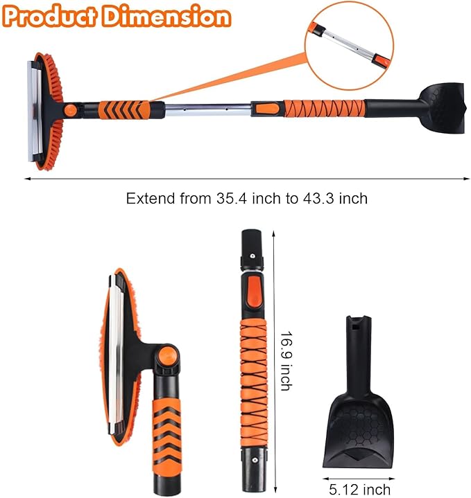 Eazy2hD 3 in 1 Snow Brush with Ice Scrapers, 43.31" Extendable Window Ice Removal with Squeegee for Windshield, 180° Pivoting Brush Head Cleaner Tool for Car, Auto, SUV, Truck