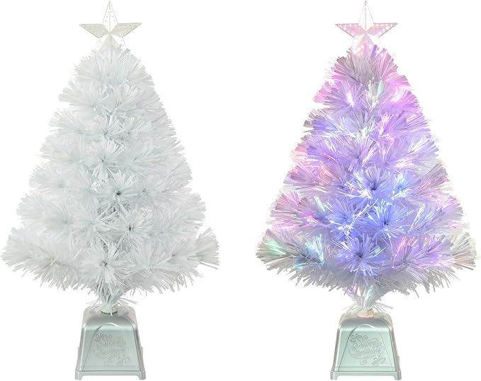 24inch White Fiber Optic Christmas Tree,Pre-Lit Artificial Mini Christmas Tree, Tabletop Small Xmas Tree with Stars Holiday Home Decorations