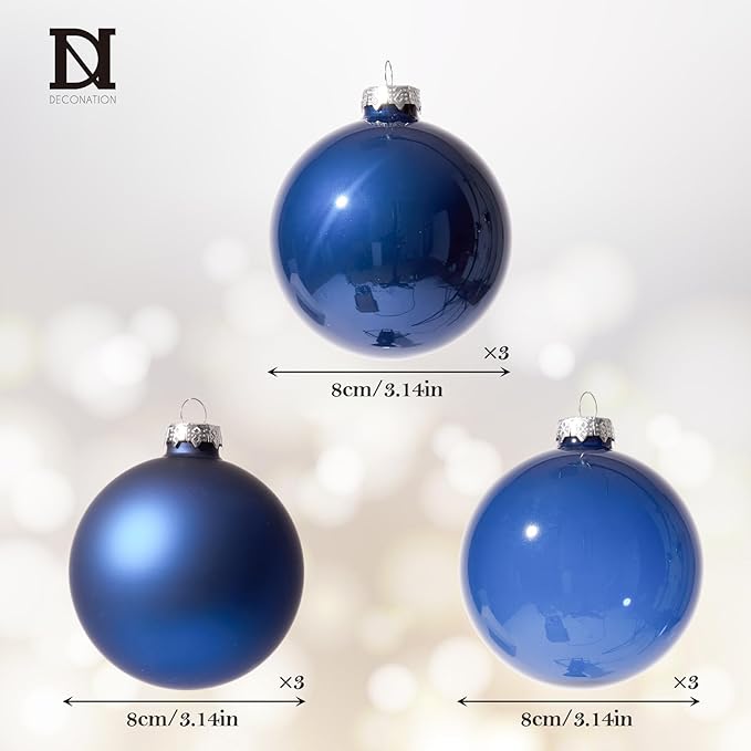 DN DECONATION Christmas Balls Decor Set of 9, Blue Glass Christmas Tree Hanging Ball Ornaments, 3.14” Xmas Tree Decorative Ornaments for Home Holiday Party Decor Winter Gifts Indoor