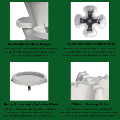 7 Tiered Strawberry Planters 3 Pack, Vertical Stackable Planter, Herb Stacking Tower Garden, Flower and Vegetable Planters with Support Pole Indoor and Outdoor with Removable Wheels Dark Grey