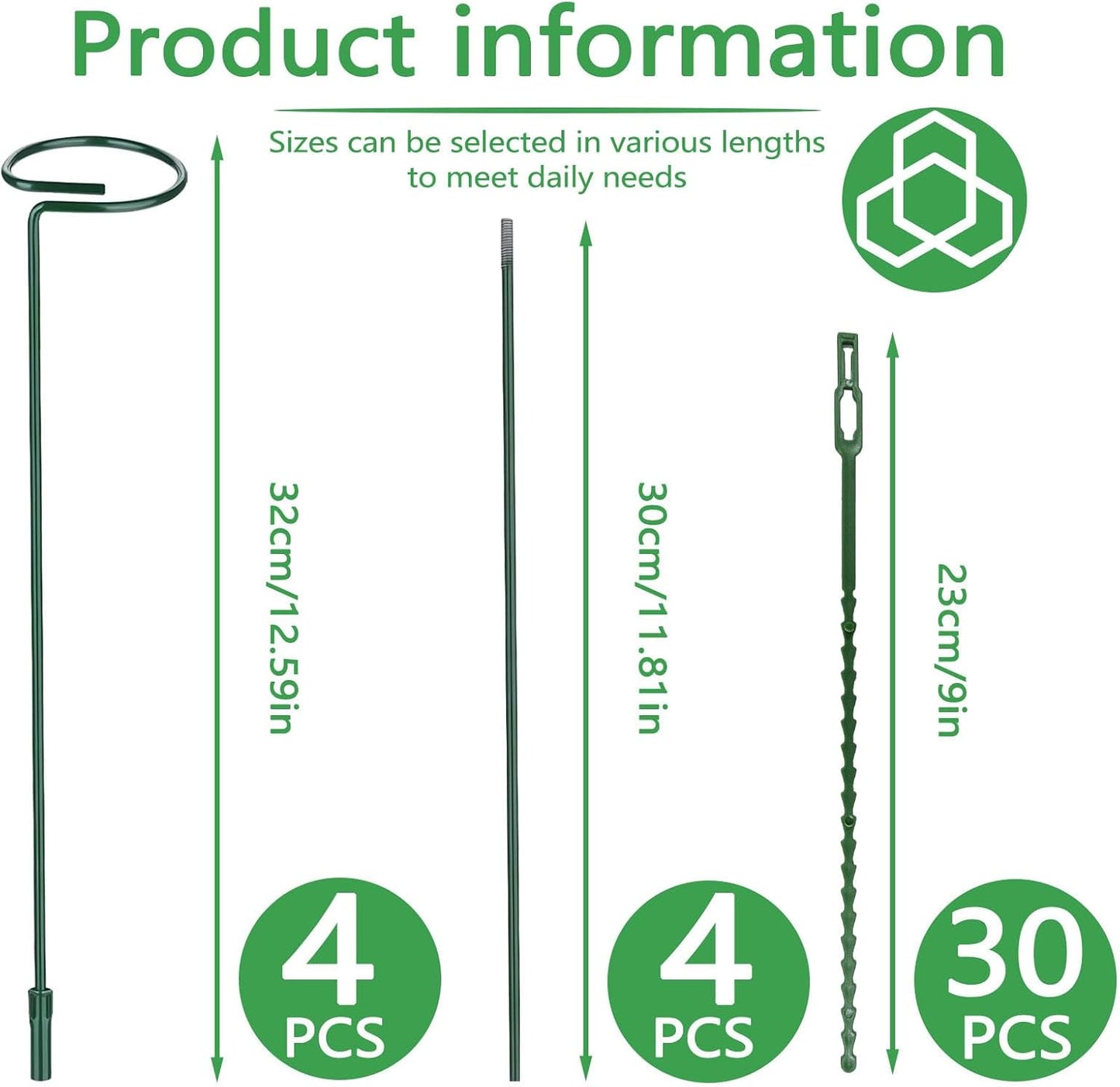 Huakaile 4 Packs Adjustable 23.6" Plant Stakes and Supports with 30 Pieces 9" Twist Ties, Green Plant Holder Stick Outdoor Indoor, Metal Flower Support Stakes Rings for Gardens Vegetables (60 cm)