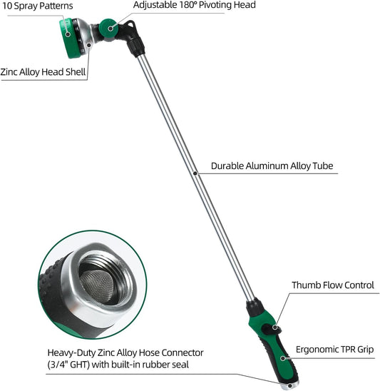 Watering Wand for Garden Hose, 30 Inch, 10 Spray Patterns, Thumb Control Garden Hose Nozzle, Adjustable Water Sprayer with Pivoting Head, Ideal for Hanging Baskets, Plants, and Shrubs, Green