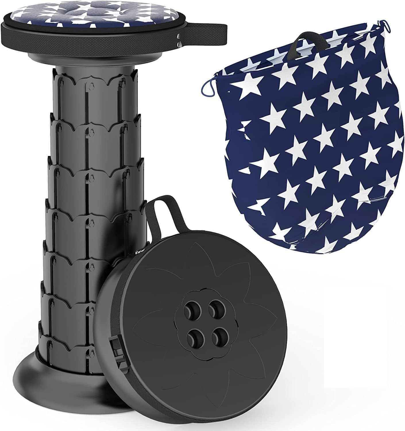 ALEVMOOM Upgraded 20.4" Portable Collapsible Folding Stool with Cushion Retractable Telescoping Stool for Adults Sturdy Capacity 550lbs Camping Chair for Outdoor Hiking Garden BBQ with Bag