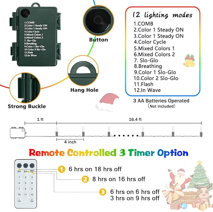 Battery Christmas Lights with Remote, 2 Pack 17ft 50 LED Dual Color Changing Mini String Light with 3 Auto-Timer Options and 12 Lighting Modes Waterproof Tree Lights (Warm White & Multicolor )