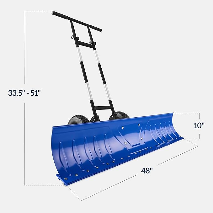 Best Choice Products 48in Heavy-Duty 2-Wheel Snow Pusher Hand Plow for Snow Removal w/Wheels, Adjustable Handle, Blade Angle - Blue