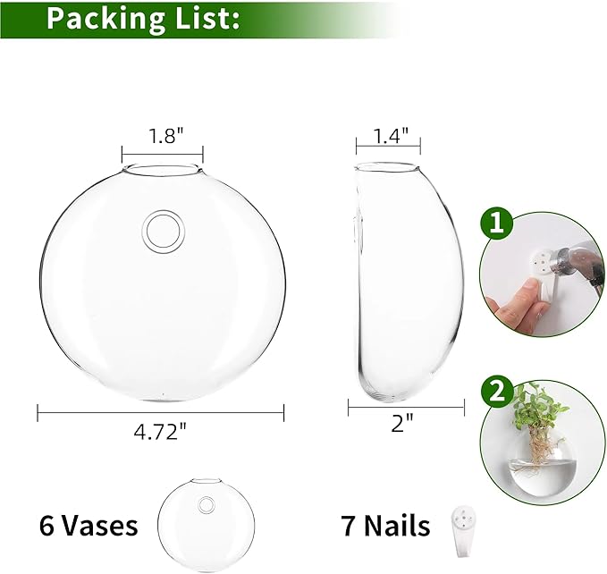 Wall Propagation Planters 6 Pack Glass Wall Planters for Indoor Plants, Wall Plant Holder Plant Propagation Wall Hanging, Glass Flower Vase Indoor Hydroponic Decor