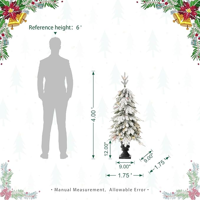 Glitzhome 4ft Christmas Tree, Small Christmas Tree Flocked Fir Potted Prelit Artificial Christmas Tree with 100 Warm White Lights and Red Berries,313 PE&PVC Branch Tips for Holiday Party Decorations