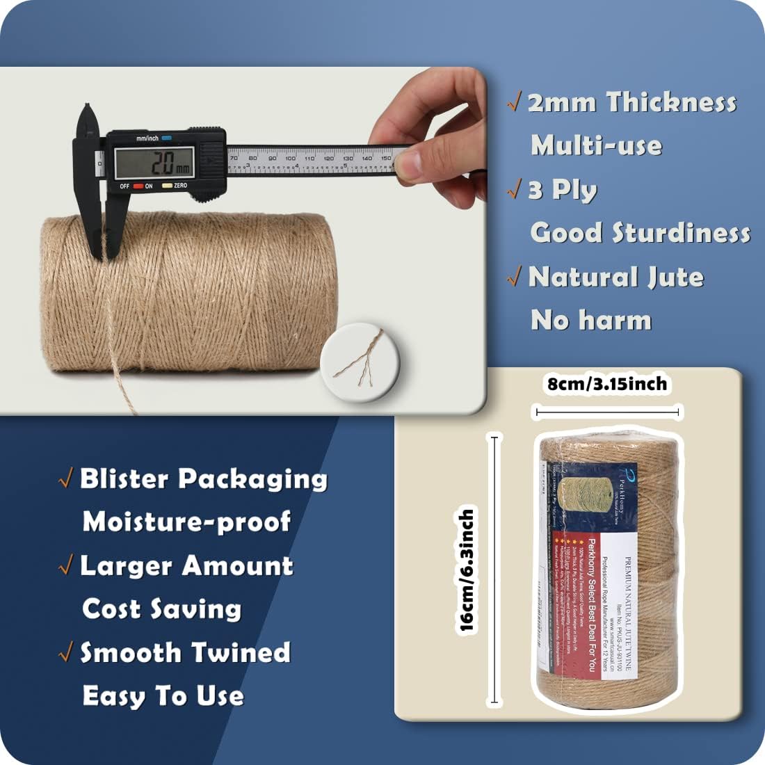 PerkHomy 1100FT Jute Twine String 2mm 3ply Natural Thin Twine for Craft Gardening Gift Wrapping Packing Material Wedding Christmas Decoration Bulk