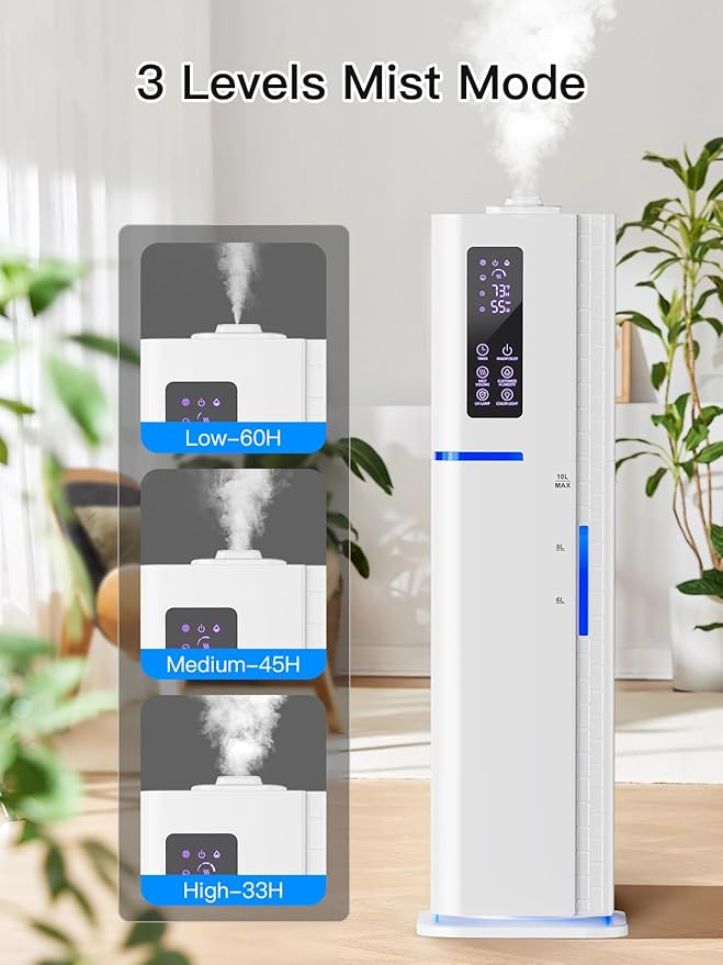 10L/2.64Gal Humidifiers for Bedroom, Top Fill Quiet Ultrasonic Cool Mist Humidifier Large Room, Covers 550ft², 60H Runtime, 24H Timer, 3 Mist Modes Humidifiers for Home, Office, Plants, White