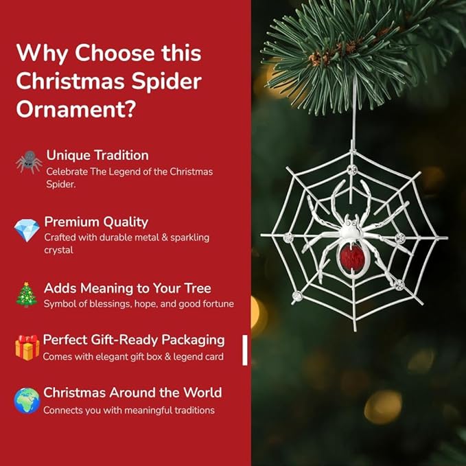Matashi Silver Plated Christmas Tree Spider Ornament w Red, Clear Crystals Lucky Hanging Decoration, Holiday Ornament Gift, Unique Spider Decor for Christmas & Halloween Party w Tinsel Legend Story