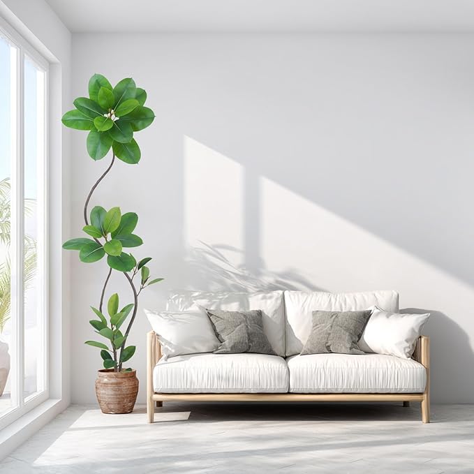 Artificial Rubber Tree Plant, 78 Inch Indoor Tree, Black with Round Planter, All Season Home Decor (Green,6.5ft)