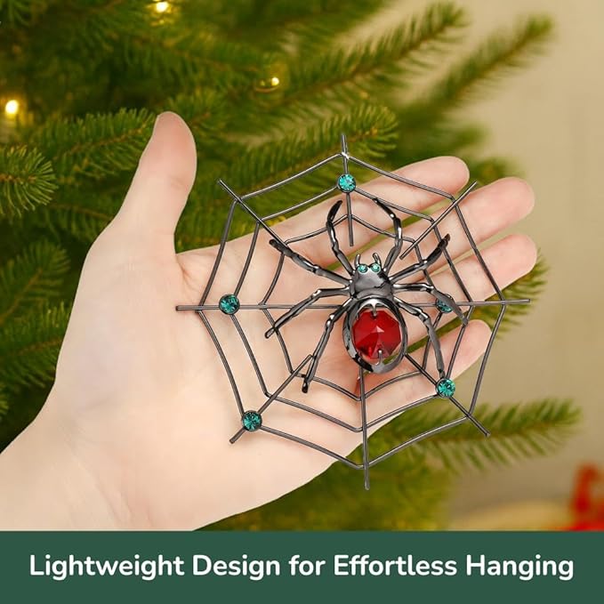 Matashi Black Spider Hanging Ornament for Christmas Tree w Red, Green Crystals – Lucky Spider Web Decoration for Tree, Seasonal Decor Holiday Hanging Ornament Gift Inspired by Christmas Spider Legend