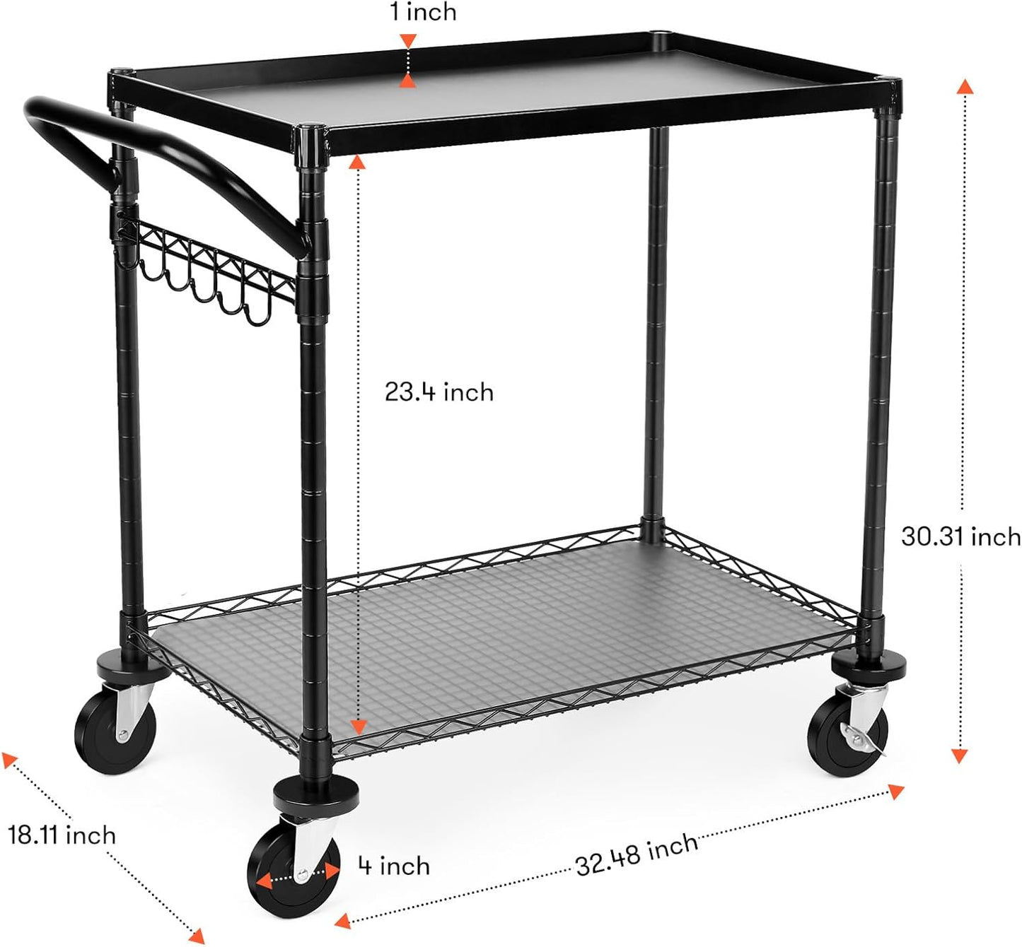 WDT 680Lbs Capacity Heavy Duty Rolling Utility Cart,2 Tier Rolling Carts with Wheels,Commercial Grade Metal Cart with Handle Bar & Shelf Liner,Trolley Serving Cart for Restaurant,Kitchen,Black