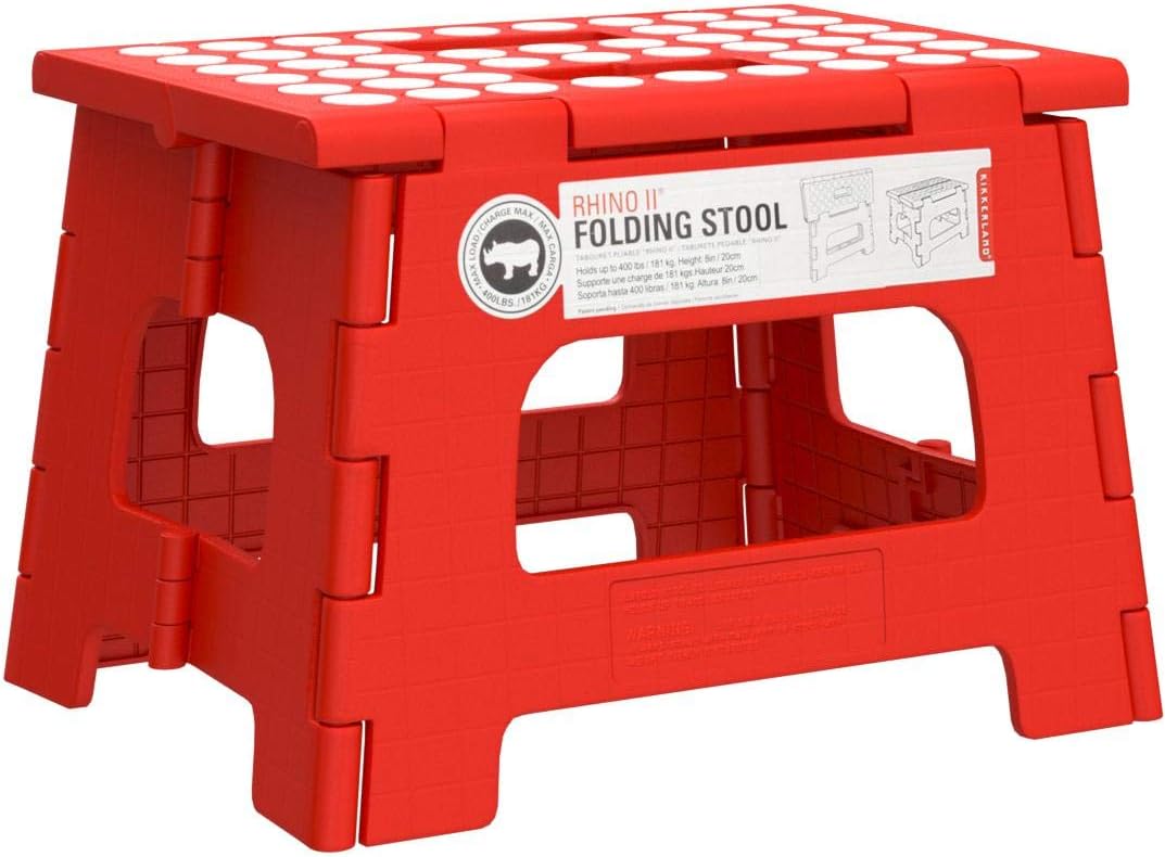 Kikkerland Rhino Foldable Step Stool – Holds Adults up to 300 Lbs, Best for Kitchen & Bathroom – Collapsible, Portable, Lightweight Stepping Stool with Sturdy, Non-Slip Design – Red, 8”