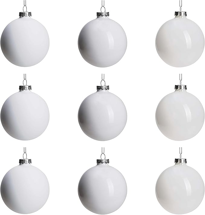 DN DECONATION White Glass Christmas Ornaments, Set of 9, 3' Hanging Christmas Baubles for Xmas Tree Decoration, Wedding Party Gift