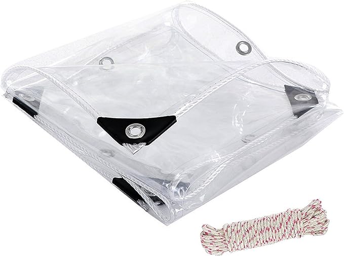 Clear Vinyl Tarp with Grommets, PVC Clear Tarp 14 Mil Thick, Protects Against Water, Uv-Ray, Tear, Waterproof Transparent Cover for Patio and Outdoor Spaces (8‘×10’)