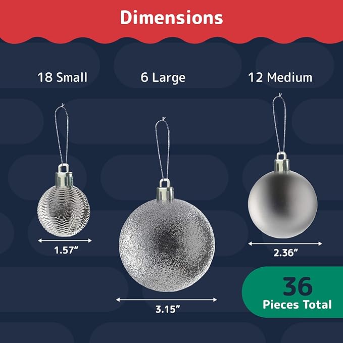 Prextex 36pc Silver Christmas Ornaments Set - Shatterproof Christmas Tree Ornaments in 3 Sizes and 6 Styles - Hanging Balls with Loops in Matte, Shiny, and Glitter Finishes for Indoor-Outdoor Display