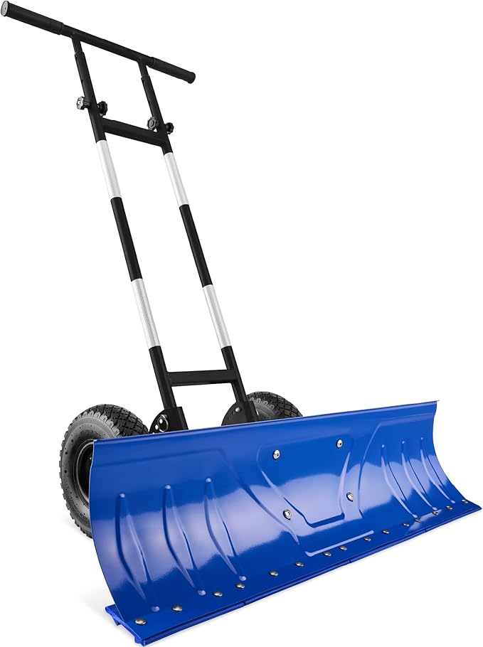 Best Choice Products 36in Galvanized Blade Heavy-Duty 2-Wheel Snow Pusher Hand Plow for Snow Removal w/Wheels, Adjustable Handle, Blade Angle - Blue