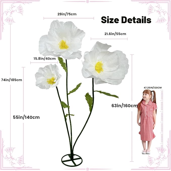 3Pcs Giant Artificial Flowers 3D Decorations Flower with Stand Base, Indoor Outdoor Art Home Decorative for Wedding Reception Arrangement Birthday Party Bridal Shower Baby Shower (White)