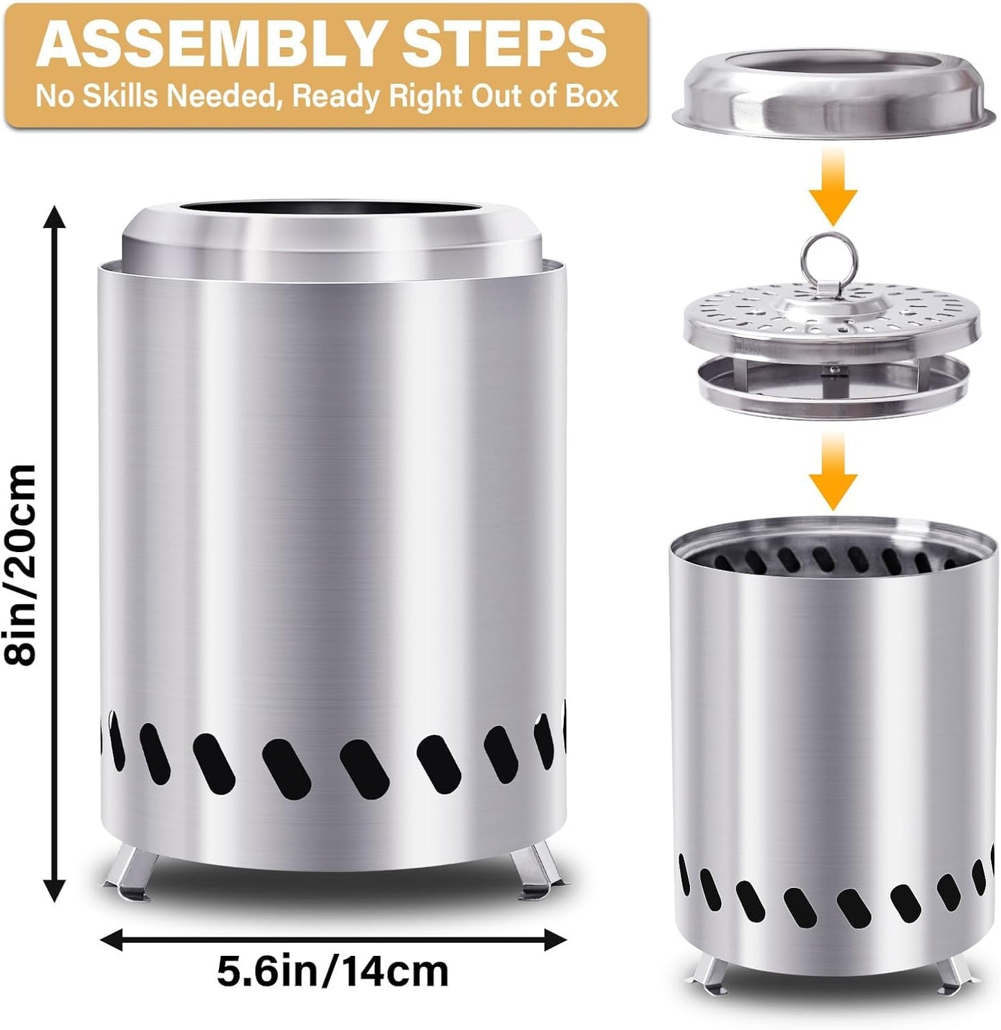 HGD Small Tabletop Fire Pit, Smokeless Table Top Firepit, Portable Mini Stove with Carry Bag for Camping Backyard Patio Garden Picnic, Fueled by Pellets or Wood, Stainless Steel, Silver